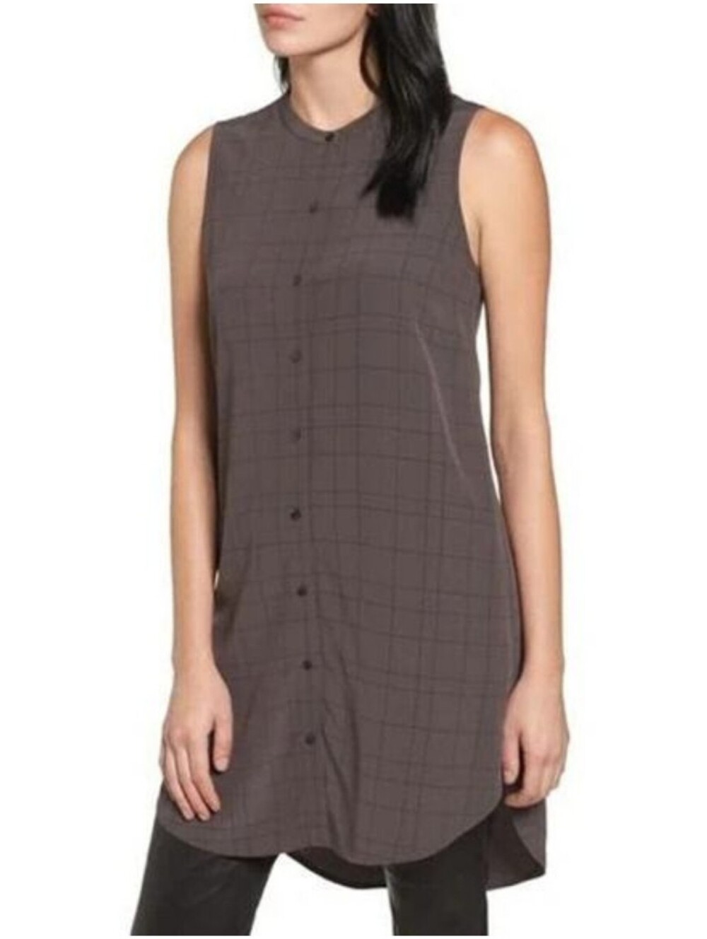 EILEEN FISHER Medium Gray Twill Plaid Mandarin Sleeveless Button Up Tunic Top